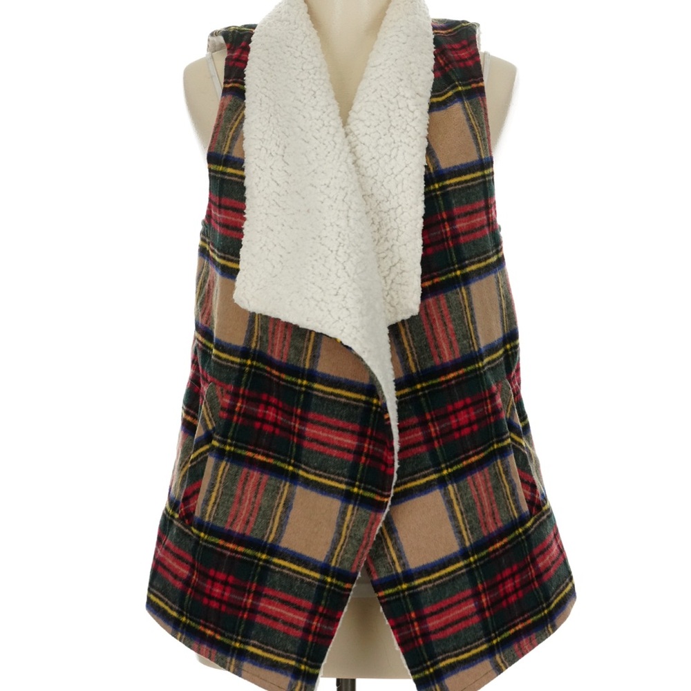 Maurices Plaid Sherpa Lined Vest - Red, Black, Tan